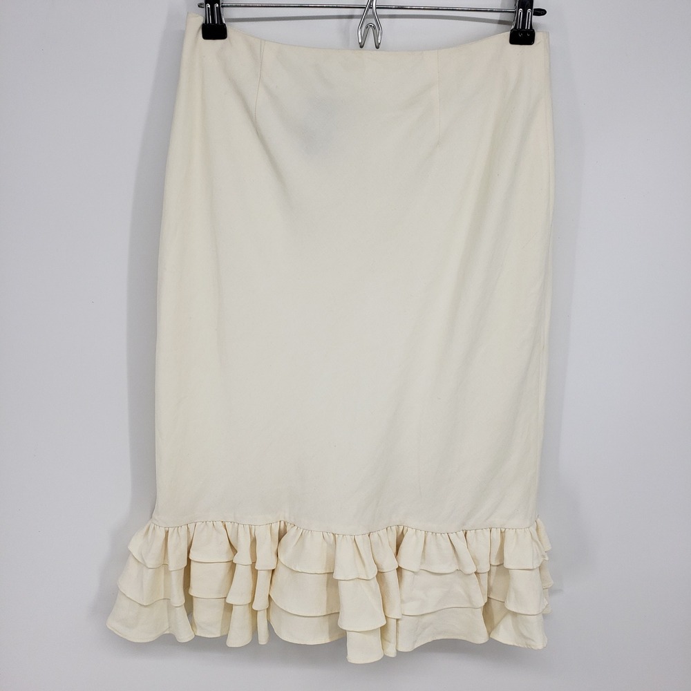 Ralph Lauren Tiered Ruffle Hem Pencil Skirt Women 8 Cream Silk Linen Cottagecore